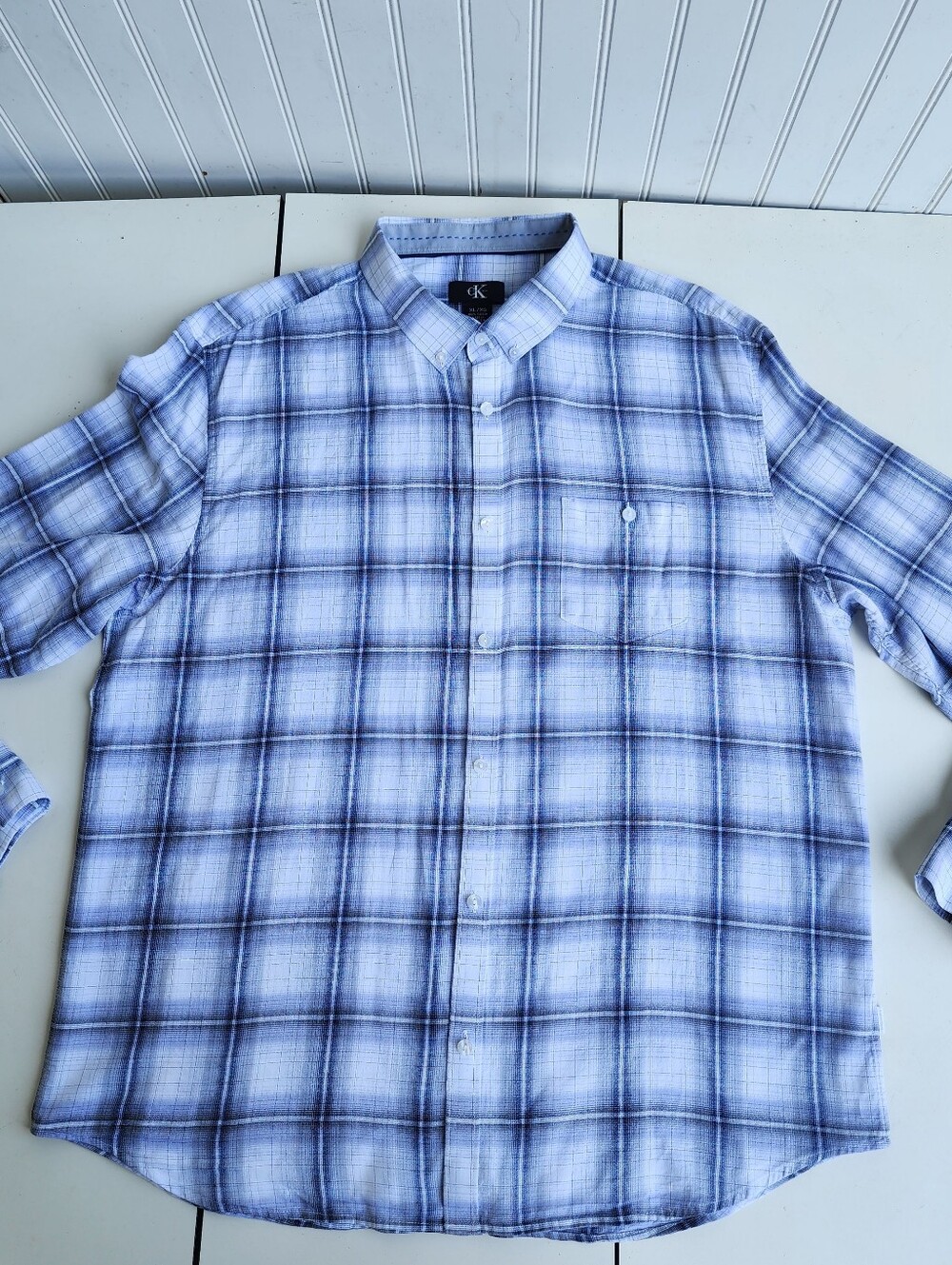 Calvin Klein Button Up Shirt Mens White Blue Geometric Pattern 100% Cotton XL